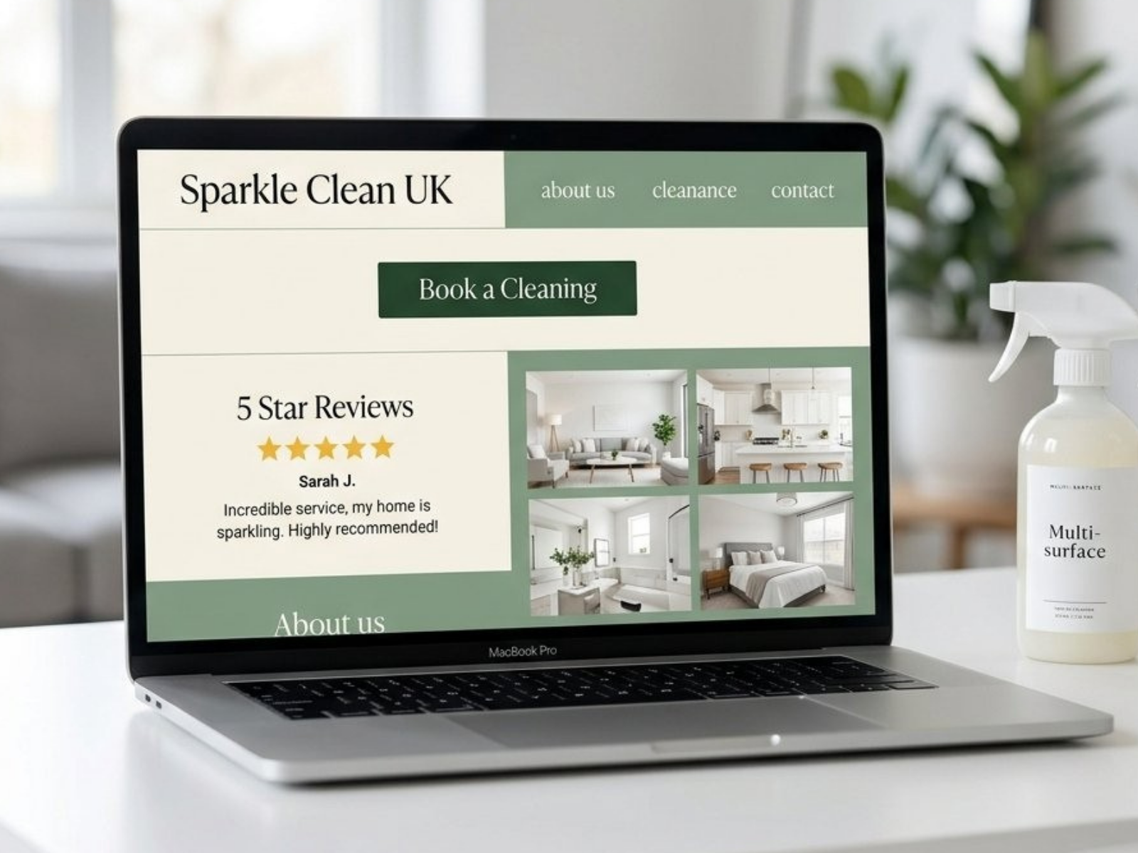 Mockup strony Sparkle Clean UK — strona dla firmy sprzątającej z opiniami i rezerwacją