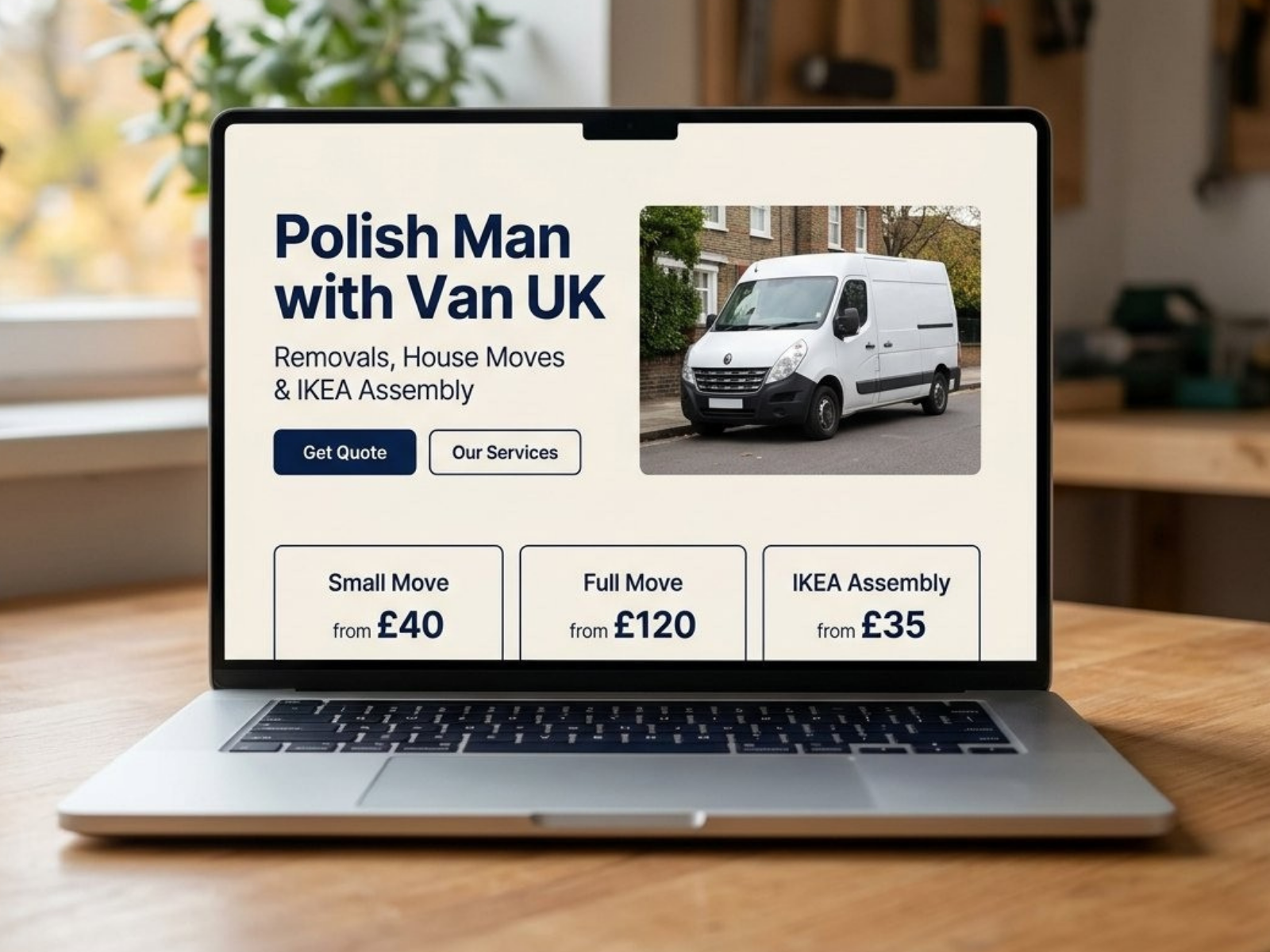 Mockup strony Polish Man with Van UK — strona dla firmy transportowej z wyceną